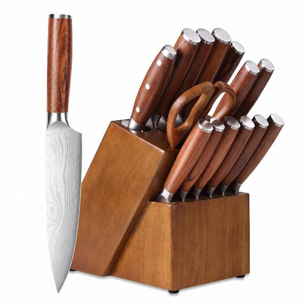 16-Piece High Carbon Stainless Steel Kitchen Knife Set with Block, Sharpener and Natural Wood Handles