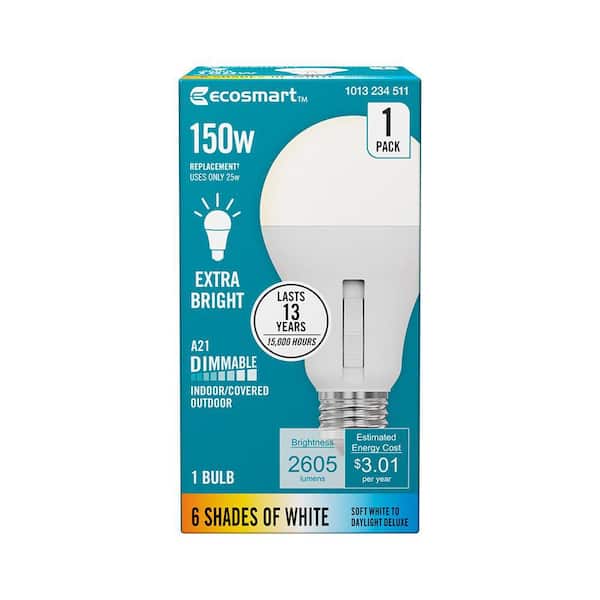 EcoSmart 150-Watt Equivalent A21 Dimmable LED Light Bulb 6-CCT