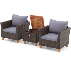 3-Piece Wicker Outdoor Bistro Set with Wooden Table Top Sofa Grey Cushions