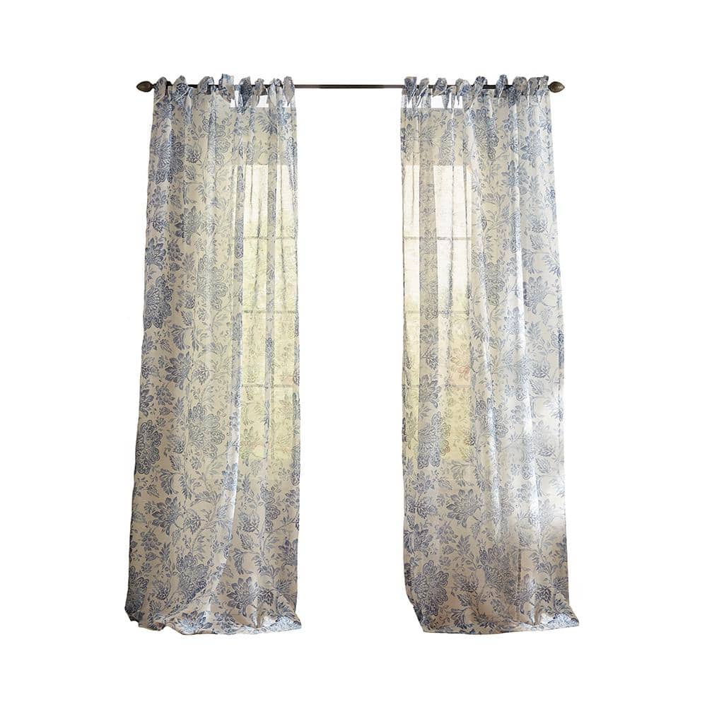 Indigo Floral Sheer Tie-Top Poly-Linen Window Panel, 52" x 84"
