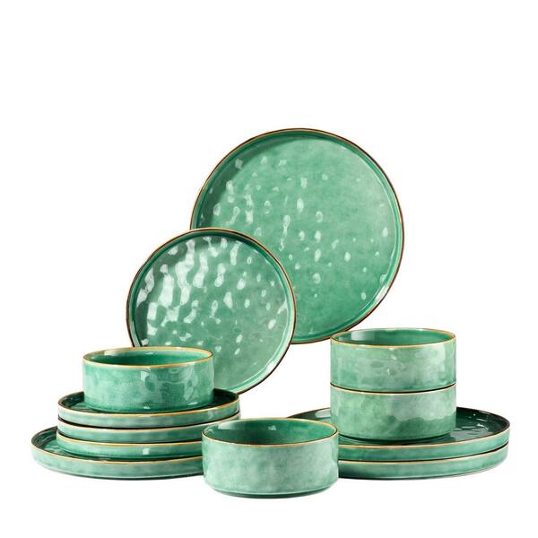 12-Piece Green Stoneware Dinnerware Set (Service for 4), Chip and Scratch Resistant, Microwave and Dishwasher Safe