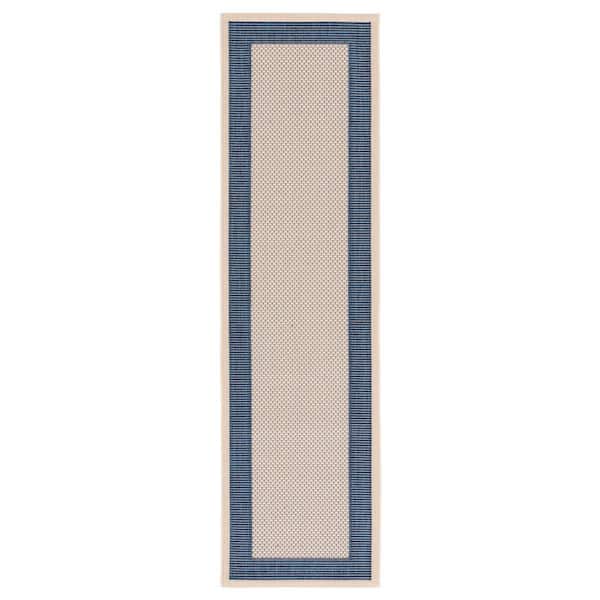 Courtyard Beige/Navy 2 ft. x 10 ft. Border Solid Color Indoor/Outdoor Runner Rug