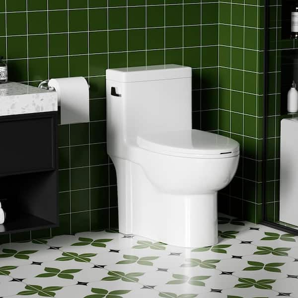 One-Piece 1.28 GPF Single-Flush Elongated Toilet with Side Lever in Gloss White with Soft Close Seat