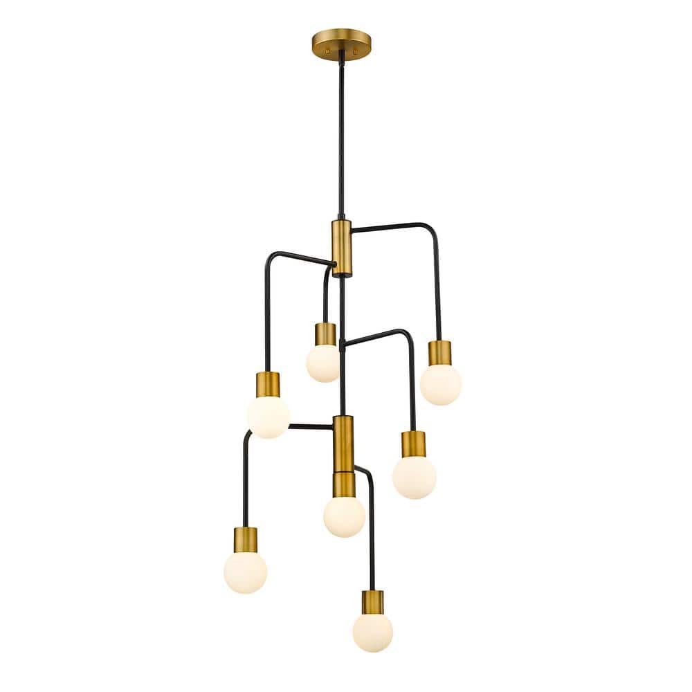 Neutra 7-Light Matte Black Plus Foundry Brass Chandelier with Glass Shade