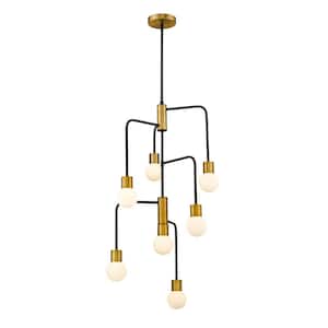 Neutra 7-Light Matte Black Plus Foundry Brass Chandelier with Glass Shade