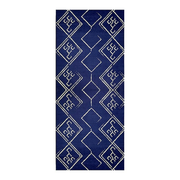 PLAYA RUG Aspen Navy Creme 2 ft. 8 in.. X 8 ft. Machine Washable Tribal Moroccan Bohemian Polyester Non-Slip Backing Area Rug