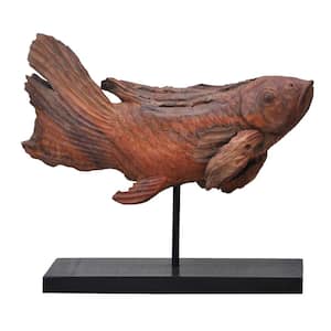 Brown Dragon Koi Teak Wood Sculpture