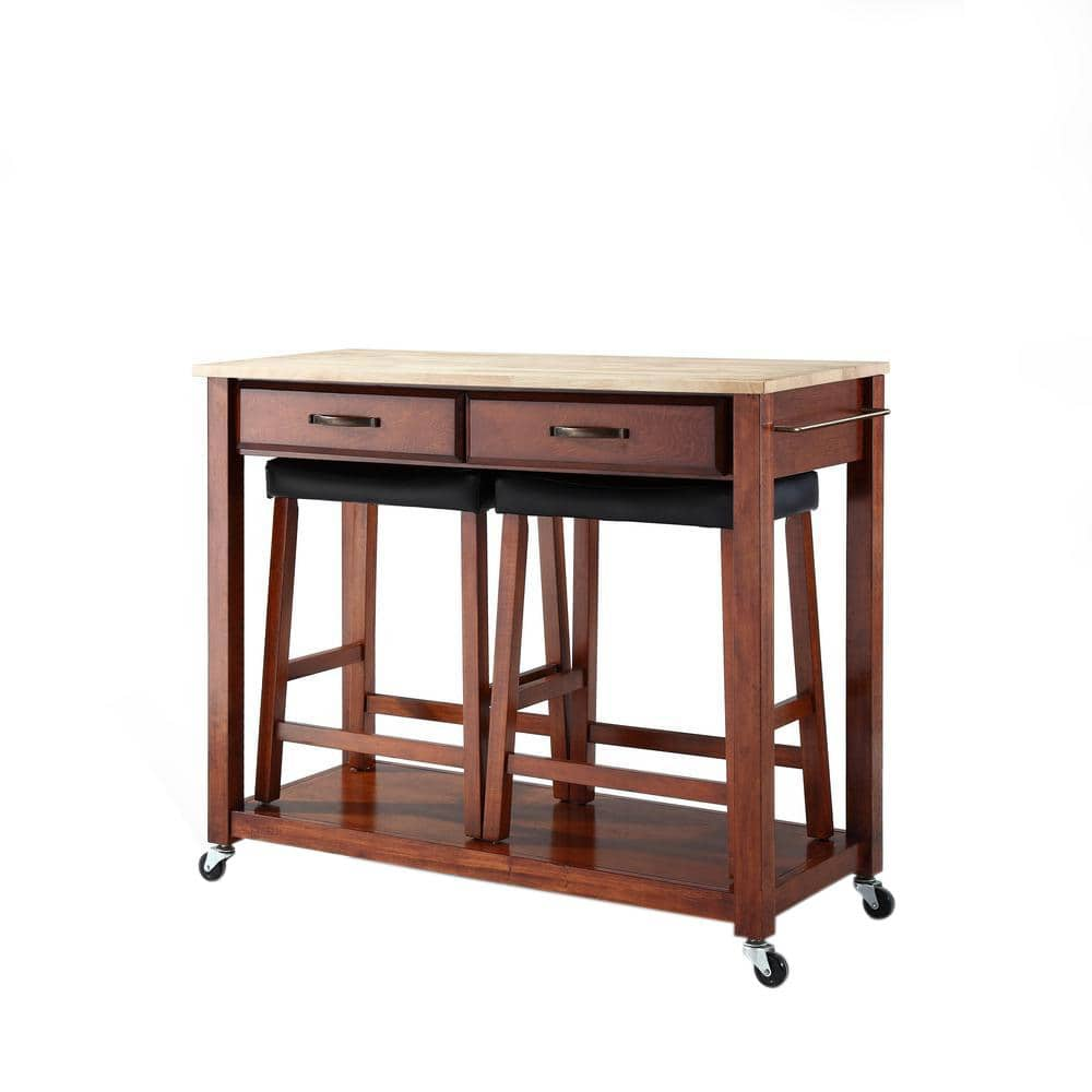 Crosley Cherry Kitchen Cart With Natural Top And Stools KF300514CH   Cherry With Natural Wood Top Crosley Kitchen Carts Kf300514ch 64 1000 