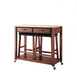 Cherry Kitchen Cart with Natural Top and Stools