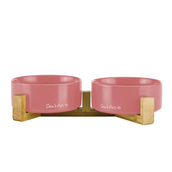 Sam's Pets 5.11 in. Coco Dual Pet Bowl with Wood Stand in Pink