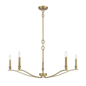 42 in. W x 15 in. H 5-Light Natural Brass Candlestick Chandelier with Curved Arms