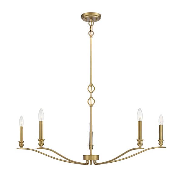 TUXEDO PARK LIGHTING 42 in. W x 15 in. H 5-Light Natural Brass Candlestick Chandelier with Curved Arms