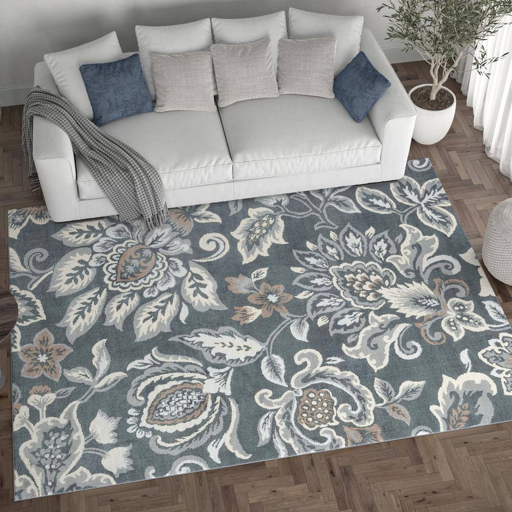Dark Gray Floral Synthetic 8' x 10' Rectangular Area Rug