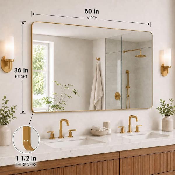 60 in. W x 36 in. H Rectangular Framed Wall Bathroom Vanity Mirror in Brass