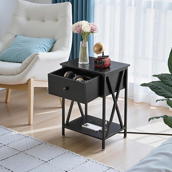 Black Nightstand with Charging Station, Bedside Table with Drawer and Shelf, USB Ports, Small End Table, Set of 1