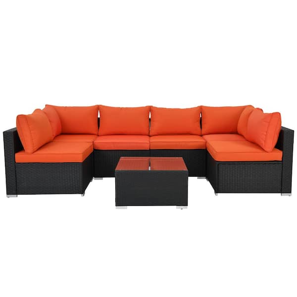 Sudzendf Black 7-Piece Wicker Outdoor Sectional Set with Orange Cushion and Glass Coffee Table