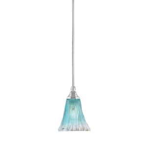 Sparta 100-Watt 1-Light Chrome Shaded Pendant Light Mini Pendant with Fluted Teal Crystal Glass and No Bulb Included