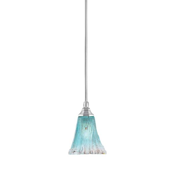 Unbranded Sparta 100-Watt 1-Light Chrome Shaded Pendant Light Mini Pendant with Fluted Teal Crystal Glass and No Bulb Included