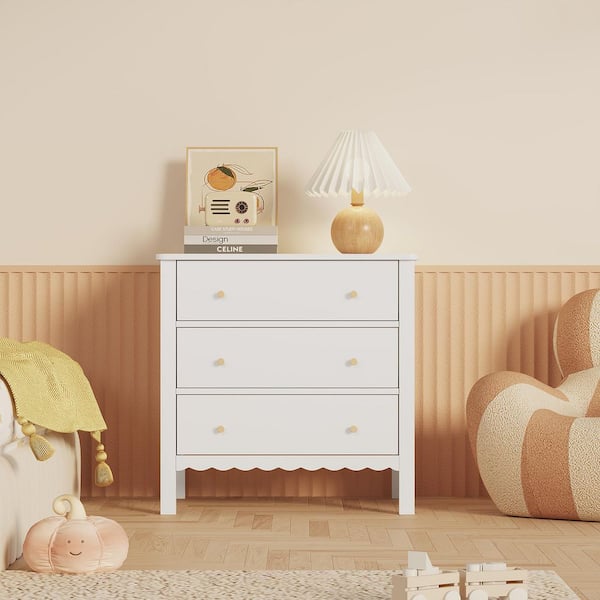 Modern White 3-Drawer 27.55 in. W MDF Chest of Drawers with Gold Knobs