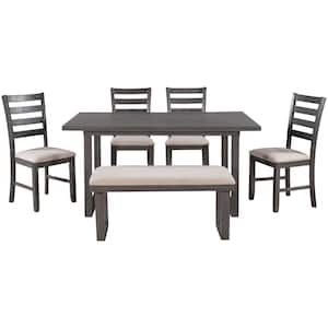 Overflow 6-Pieces Rectangular Gray Solid Wood Top Furniture Bar Table Set Dining Room Set Table 4 Chairs with Bench