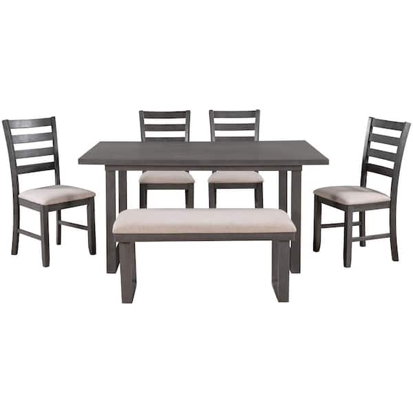 LUCKY ONE Overflow 6-Pieces Rectangular Gray Solid Wood Top Furniture Bar Table Set Dining Room Set Table 4 Chairs with Bench