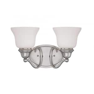 Yates 15 in. W x 8.75 in. H 2-Light Pewter Bathroom Vanity Light with White Glass Shades