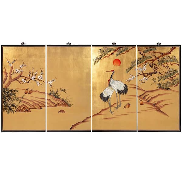 Oriental Furniture 72 in. x 36 in. Gold "Cranes" Frameless Animal Wall Art