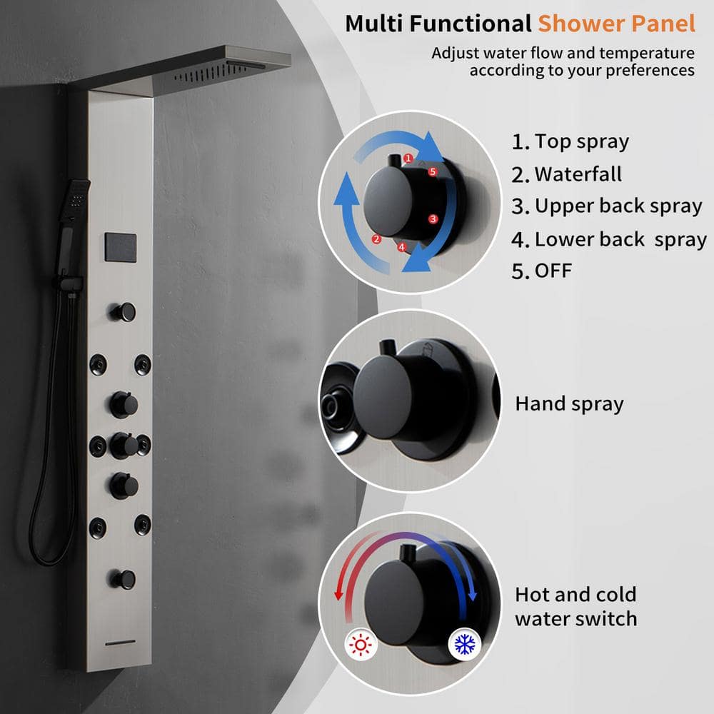 Brushed Nickel 8-Spray Rain Shower Panel System with Handheld Wand