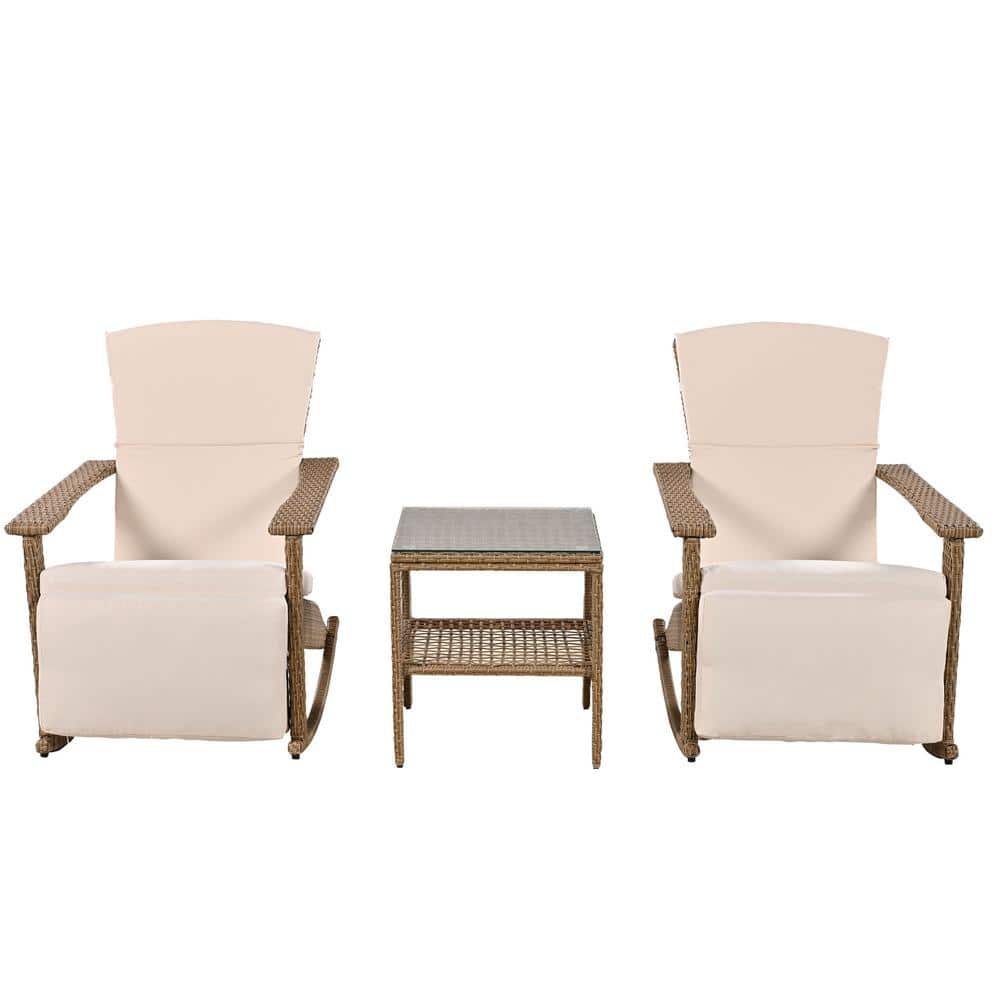 Adjustable Wicker Double Outdoor Rocking Chairs with Coffee Table and Beige