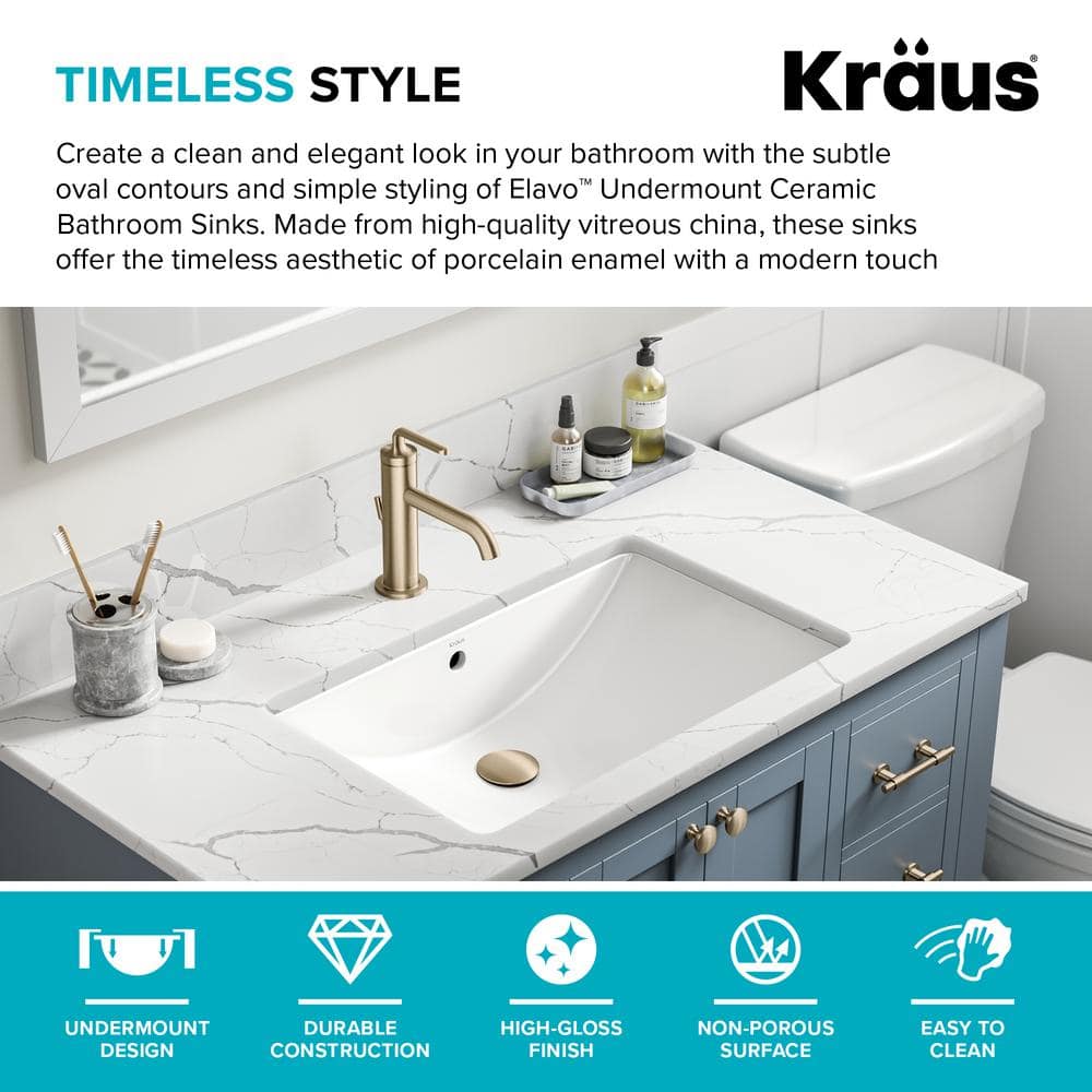 Elavo 23" White Ceramic Rectangular Undermount Bathroom Sink
