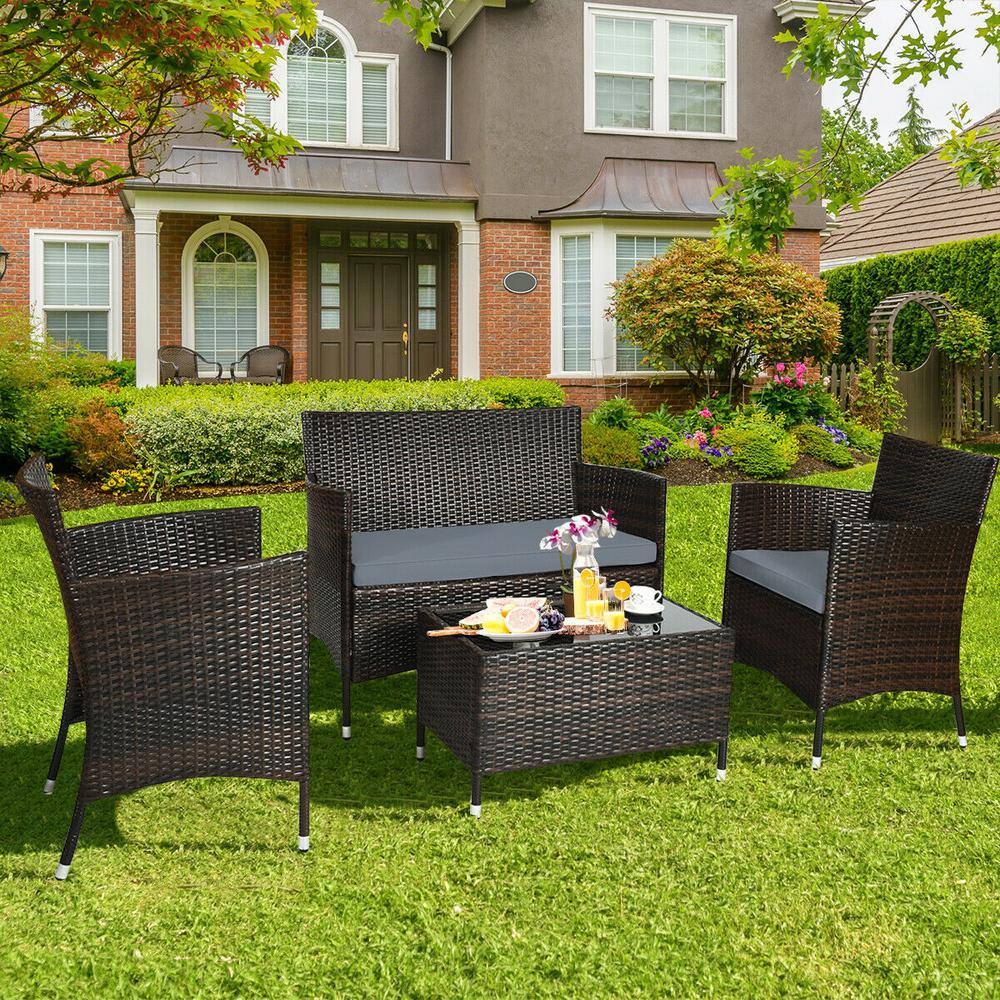 4-Piece Gray Rattan Wicker Patio Sofa Set with Cushions and Coffee Table