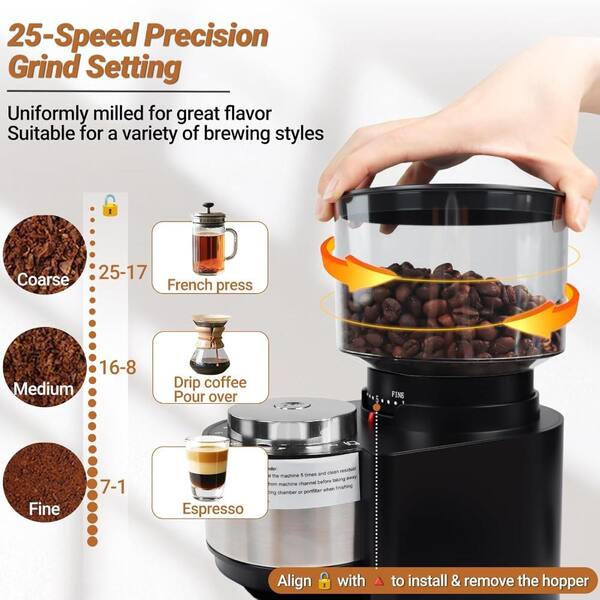 Electric Burr Coffee Grinder with 25 Grind Setting for 2-12 Cup Adjustable Stainless  Steel Brush Black O4P3Q2R1 - The Home Depot