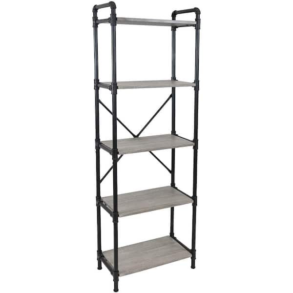 Sunnydaze 71 in. Oak Gray 5-Shelf Standard Bookcase with Black Pipe