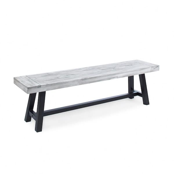 Unbranded Light Grey Sandblast Finish Acacia Wood Dining Bench with Black Rustic Metal Finish Frame