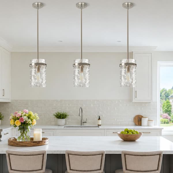 Modern Brushed Nickel Pendant Light for Kitchen Island Over Sink Large Hammered Glass Hanging Light for Dining Room