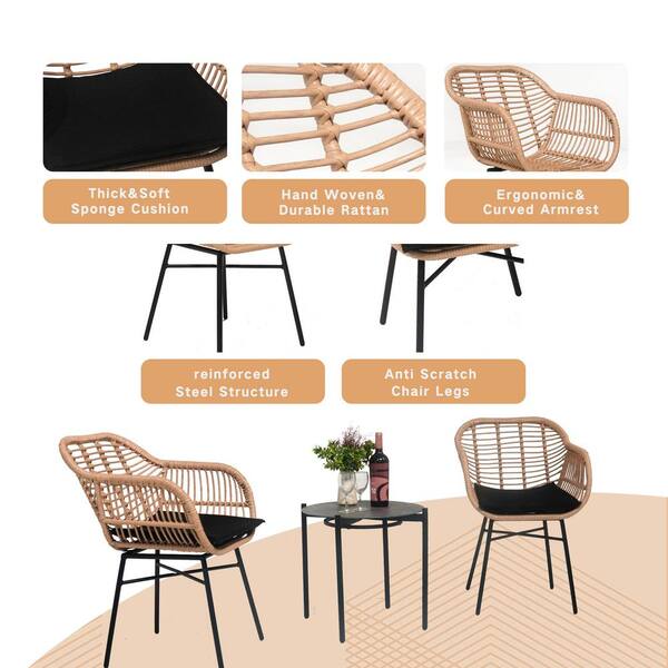 moda furnishings 3 Piece Steel Patio Outdoor Bistro Set With Wicker Chairs And Round Table with Black Cushions DJ W2337P180765