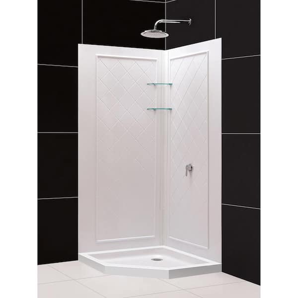 SlimLine 38 in. x 38 in. Neo-Angle Shower Pan Base in White with Off-Center Drain and Back-Walls