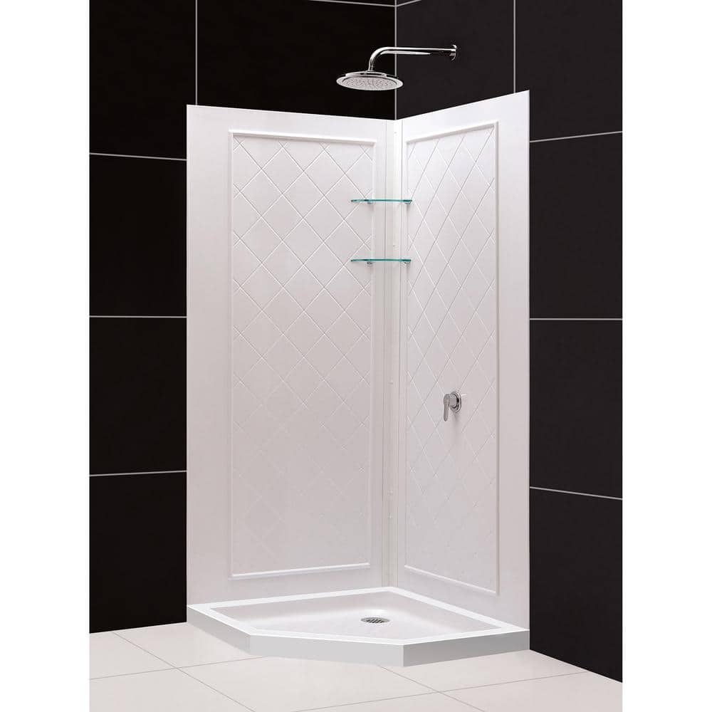 White Square Acrylic Corner Shower Kit with Glass Shelves