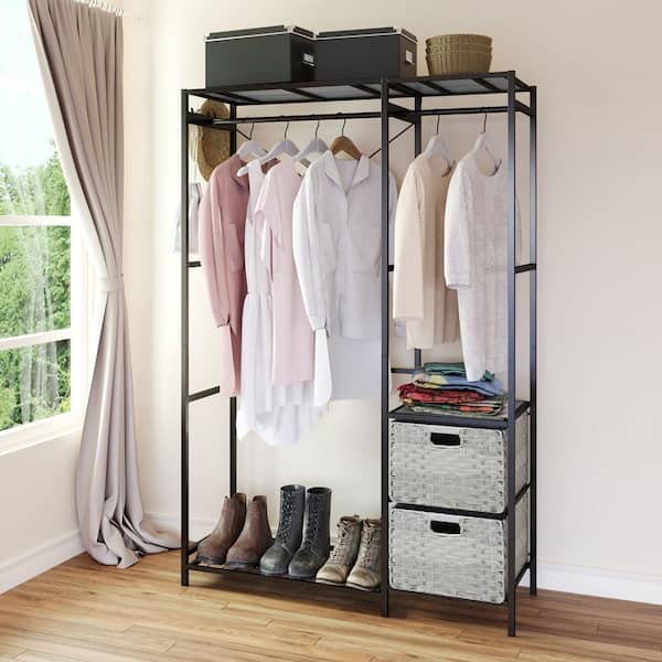Light Gray Heavy Duty Acacia Wood Clothes Rack Closet Organizer Closet Wardrobe Rack with 2 Wicker Drawers and 4 Hooks