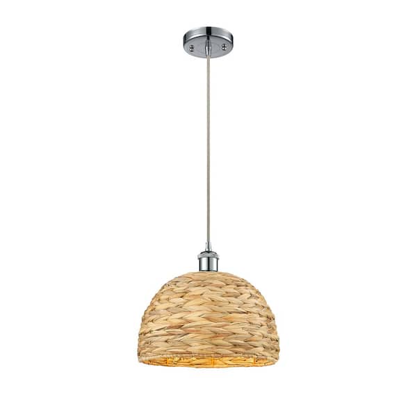 Innovations Woven Rattan 100-Watt 1-Light Polished Chrome Shaded Mini Pendant Light with Rattan Shade