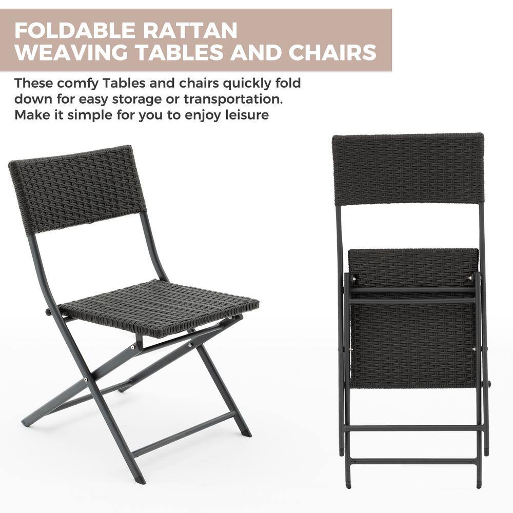 Black Iron and Wicker Foldable Bistro Set with Square Table