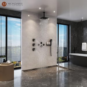 Andalusia Multiple 7-Spray Patterns Dual 12 in. Ceiling Mount Rain Shower Heads with 2.5 GPM 3-Jet, Valve in Matte Black