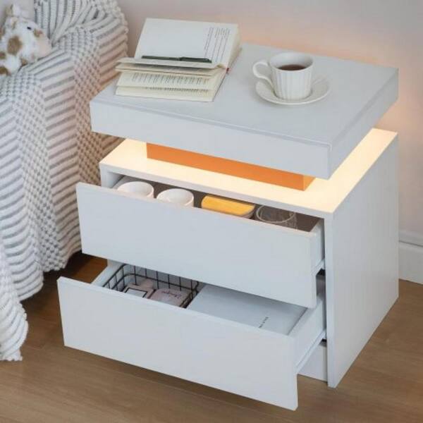 Clihome White Red 2-Drawers 19.3 in. Nightstand LED Bedside Table Cabinet Lights Modern End Side Table