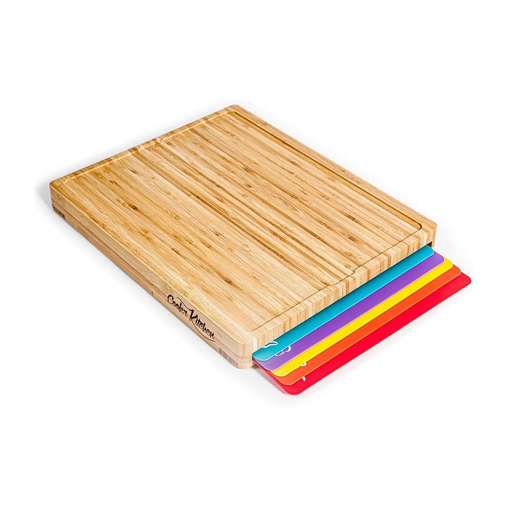 7-Piece Bamboo Cutting Board Set with Holder and 6-Color Coded Mats, Durabl