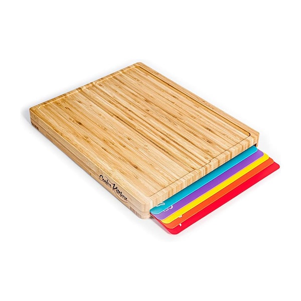 Adrinfly 7-Piece Bamboo Cutting Board Set with Holder and 6-Color Coded Mats, Durable and Non-Slip for Convenient Meal Prep