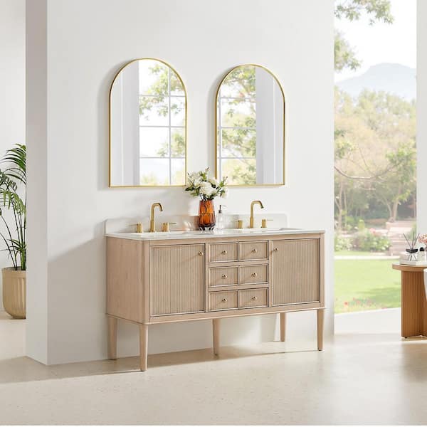 Blaise 60 in. Double Freestanding Light Oak Bath Vanity with Grain White Engineered Stone Top Assembled
