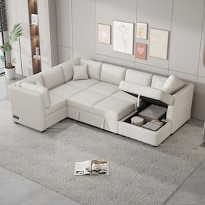 108.6 in. Chenille Sectional Sofa in Beige with 2 USB Ports, 2 Power Sockets, 3 Back Pillows, Storage Chaise