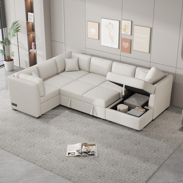 Harper & Bright Designs 108.6 in. Chenille Sectional Sofa in Beige with 2 USB Ports, 2 Power Sockets, 3 Back Pillows, Storage Chaise