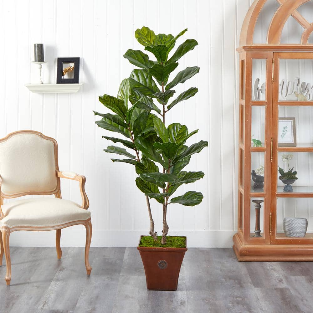 5.5 ft. Indoor/Outdoor Fiddle Leaf Artificial Tree in Brown Planter UV Resistant