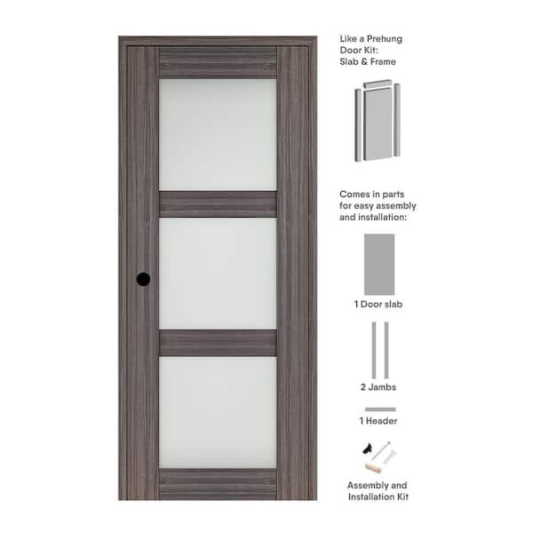 Belldinni Paola 18 in. x 96 in. Right-Hand 3-Lite Frosted Glass Gray Oak Composite Solid Core Wood Single Prehung Interior Door